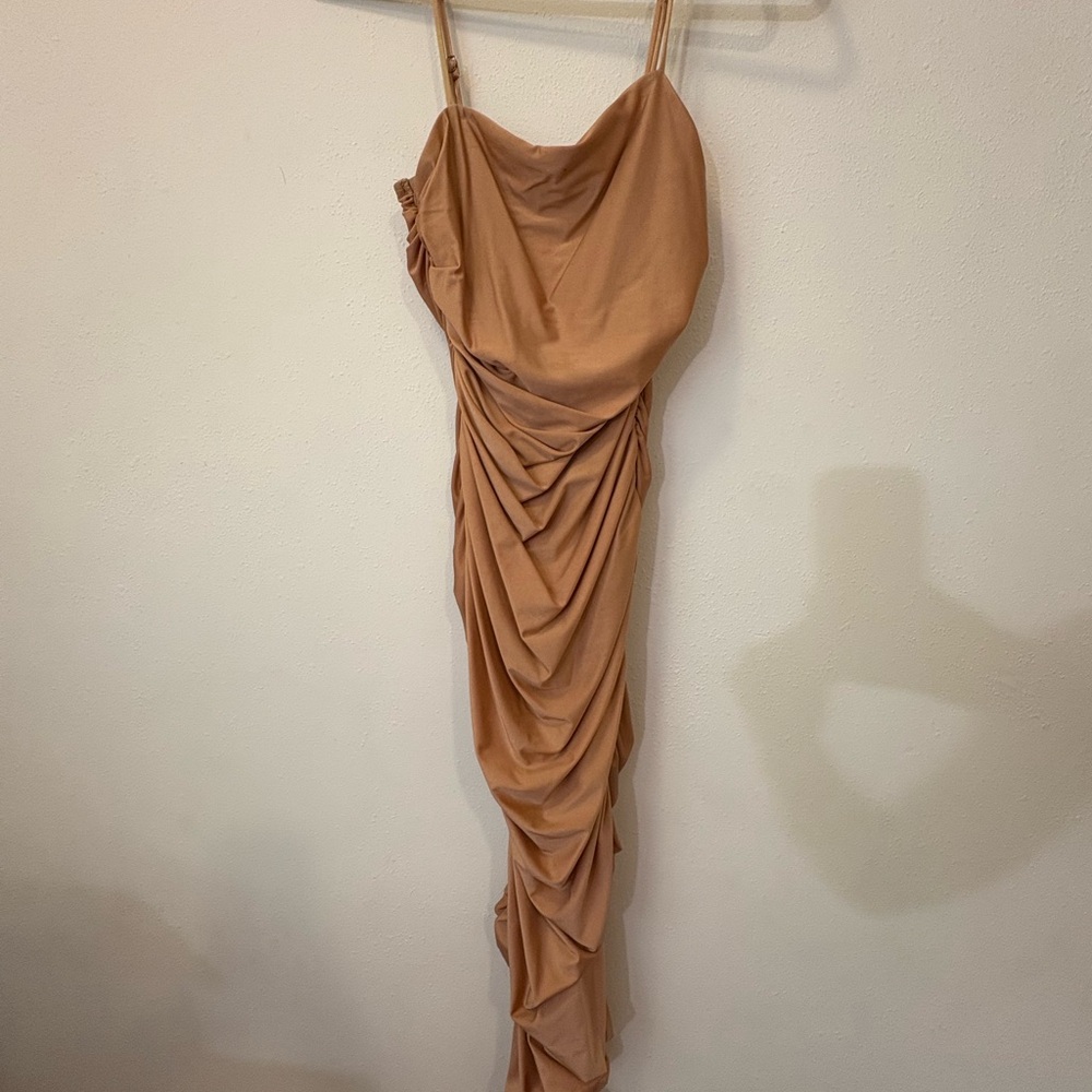 Privy Tan Backless Draped Dress Medium